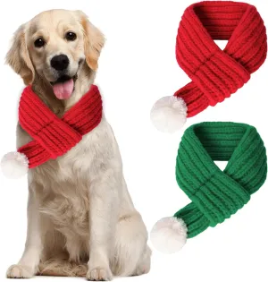 2 Pieces Christmas Dog Cat Knitted Santa Scarf Winter Holiday Cute Scarf for Pets Red Green Neck Warmer Dogs Bandanas with White Pompom Ball Party Xmas Costume