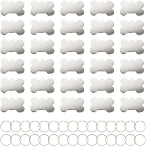30 Pcs Pet ID Tag Bone Shape 38MM Blank Personalized Aluminium Pendants Tag Dog Cat Pet Name Phone Number ID Tag Charm with Key Ring for Dogs Cats