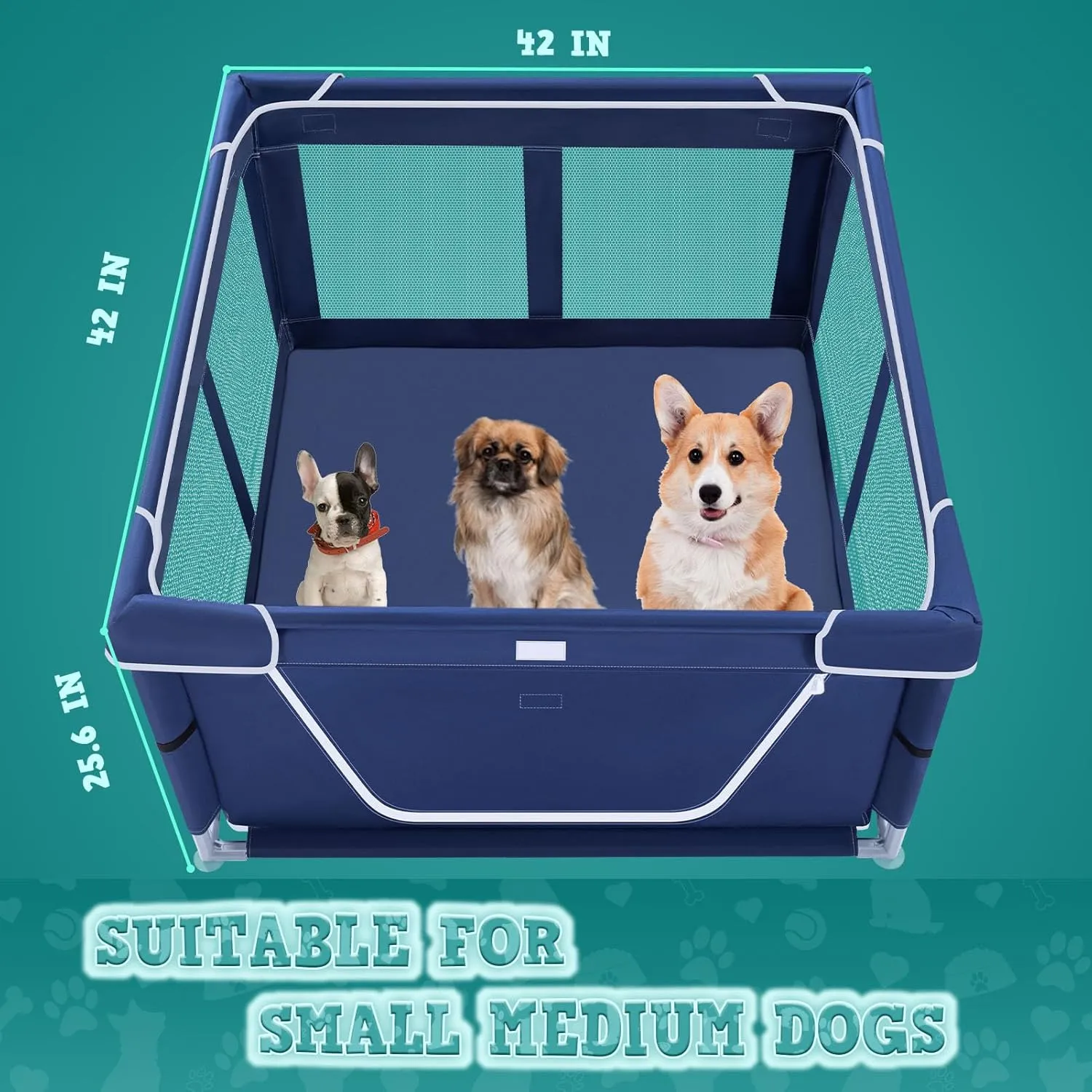 42x42x25.6 Inch Puppy Playpen with Cover, Dog Playpen for Puppies or Small Dogs, Pet Fence for Indoor & Outdoor, Sturdy Safety DogPen with Thickened Fabric, High-Strength Nylon Wire Mesh