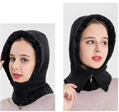 Afinder Winter Thermal Fleece Lined Knitted Balaclava 3 in 1 Full Hood Hat for Women Black