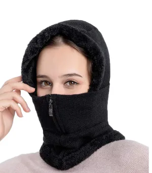 Afinder Winter Thermal Fleece Lined Knitted Balaclava 3 in 1 Full Hood Hat for Women Black