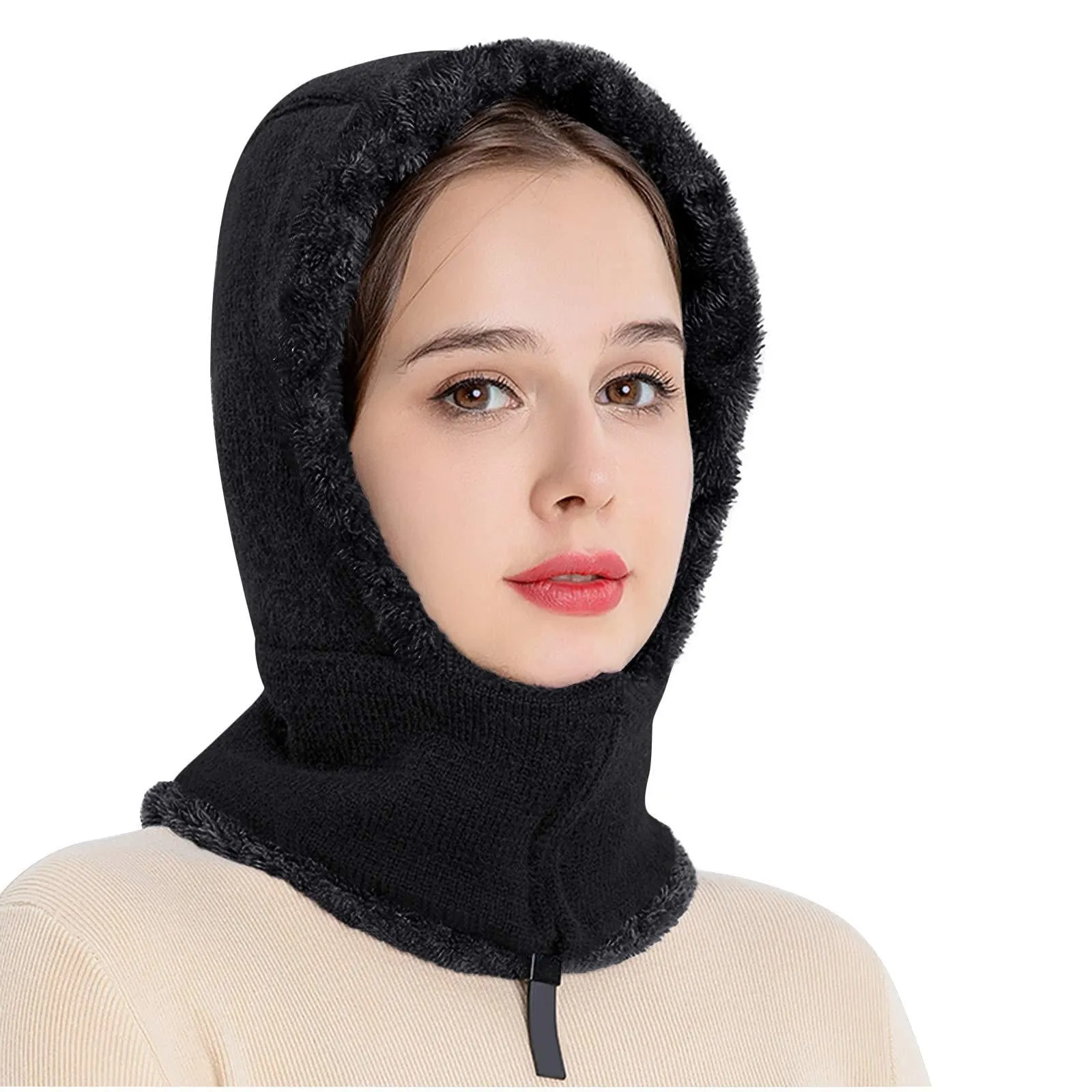Afinder Winter Thermal Fleece Lined Knitted Balaclava 3 in 1 Full Hood Hat for Women Black