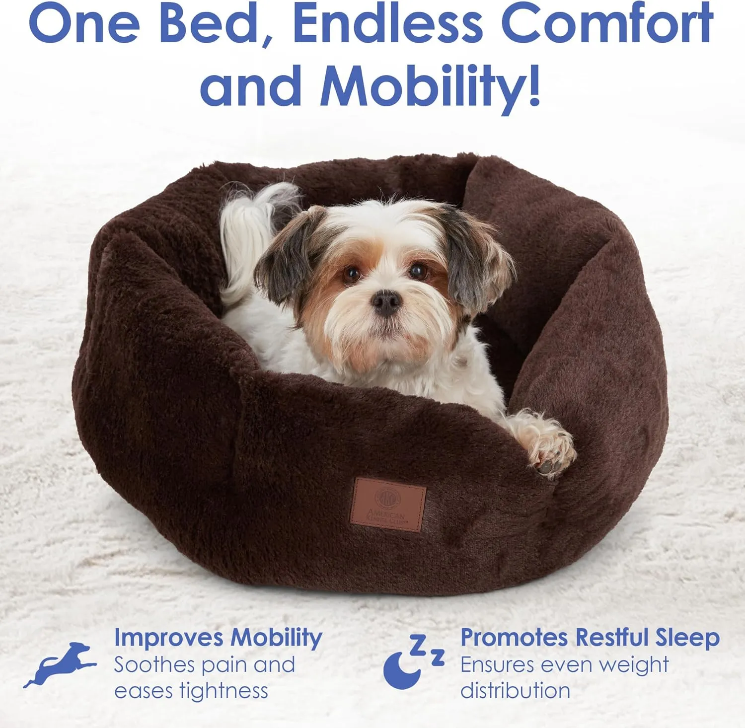 AMERICAN KENNEL CLUB Round Plush Dog Bed - 20" Cozy Donut Design for Small Pets, Ultra-Soft Washable Pet Bed with Non-Slip Bottom, Durable High-Loft Filling, Brown