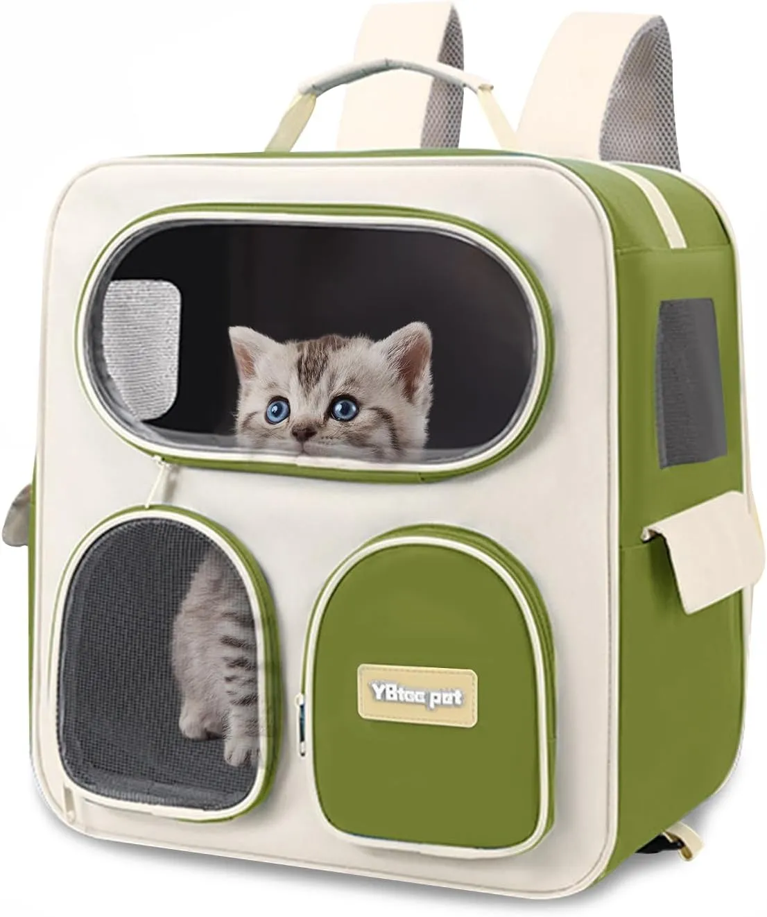 Breathable Cat Carrier Large Cat Backpack Carrier, Soft Pet Carrier for Large Cats and Small Dogs up to 22 Lbs, Multiple Pockets Collapsible Cat Carrier for Travel HikingGreen