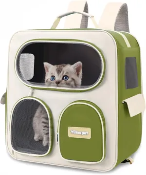 Breathable Cat Carrier Large Cat Backpack Carrier, Soft Pet Carrier for Large Cats and Small Dogs up to 22 Lbs, Multiple Pockets Collapsible Cat Carrier for Travel HikingGreen