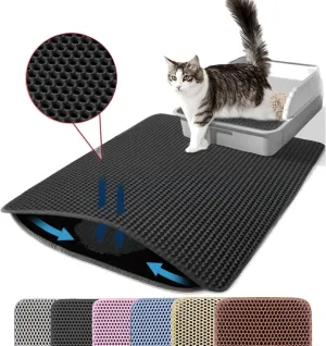 Cat Litter Mat, 24x18 Inches Large Honeycomb Double Layer Cat Litter Trapping Mat, Non Slip Waterproof Urine Proof Cat Litter Box Mat, Kitten Supplies and Essentials, Black
