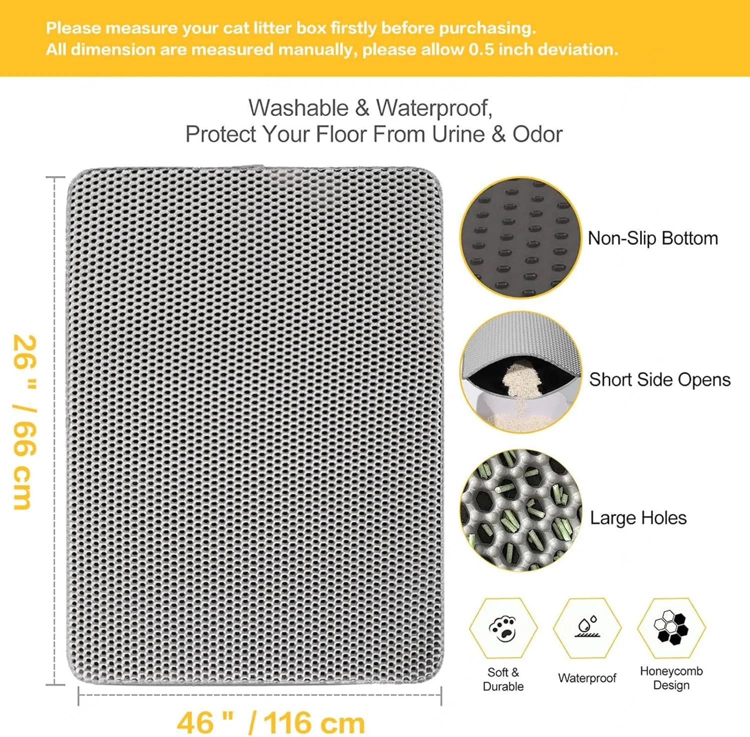 Cat Litter Mat, 24X35In/26X46In Double Layer Easy Clean Cat Litter Catcher Cat Litter Trap Mats, Less Waste,Soft On Paws,Non-Slip,26X46In-Gray