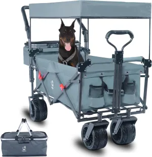 Collapsible Pet Wagon with Removable Canopy  Portable Travel Carrier & Pet Stroller for Dogs & Cats, 140L Folding Wagon with All-Terrain Wheels, Cooler Bag, Adjustable Handles & Brake