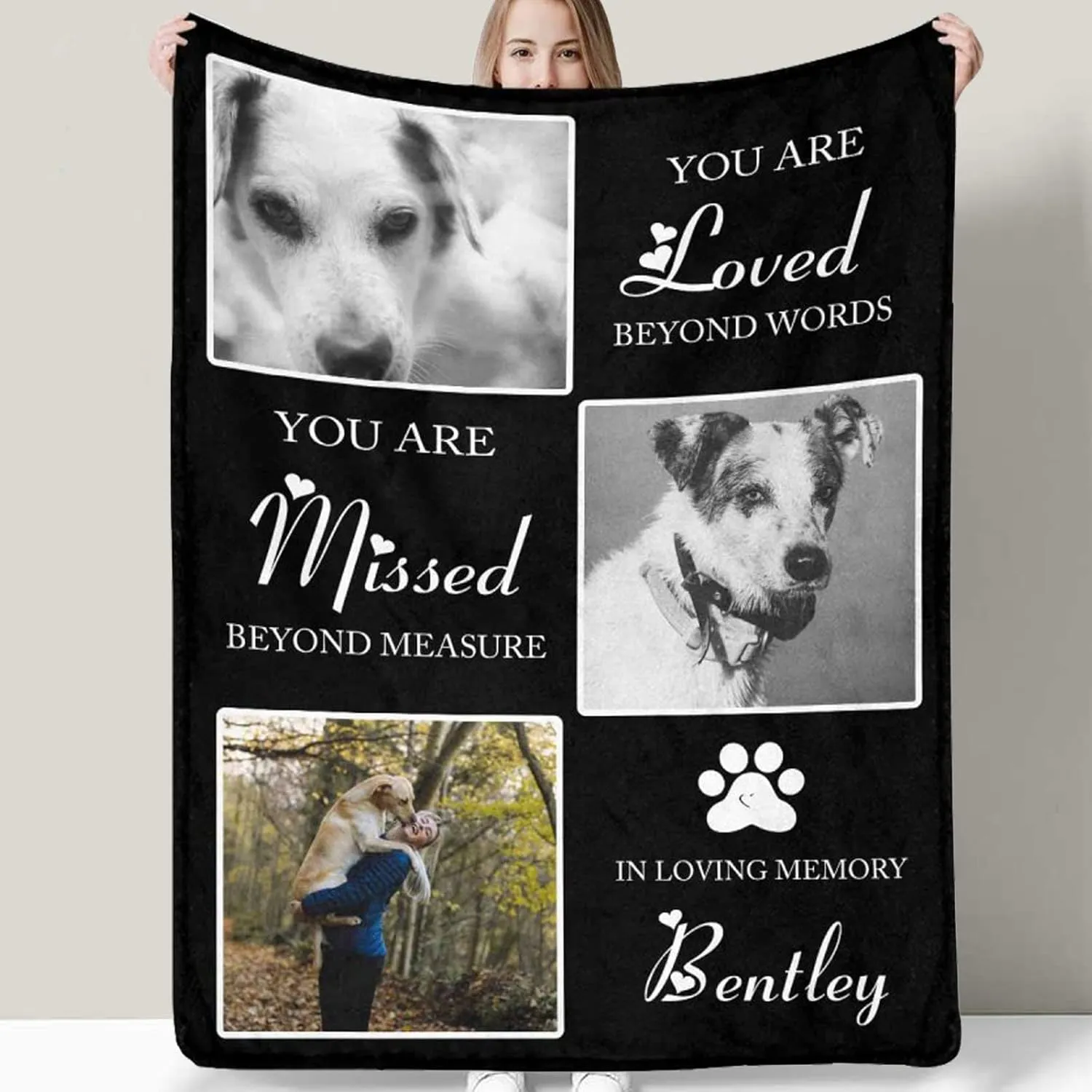 Custom Memorial Blanket Gifts for Dog Lover: Personalized Puppy Photo Collage Throw Blanket with Picture Name in Loving Memory Blanket - Made in USA