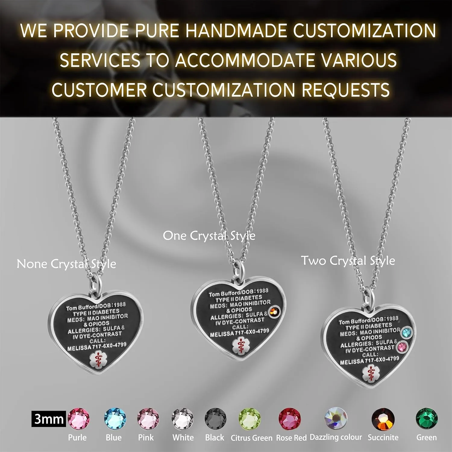 Custom Sterling Silver Medical Alert Necklace for Women Men, Free Engraving Personalized Emergency Medic Heart Pendant Dog Tag Epilepsy Diabetes Life Alert Jewelry