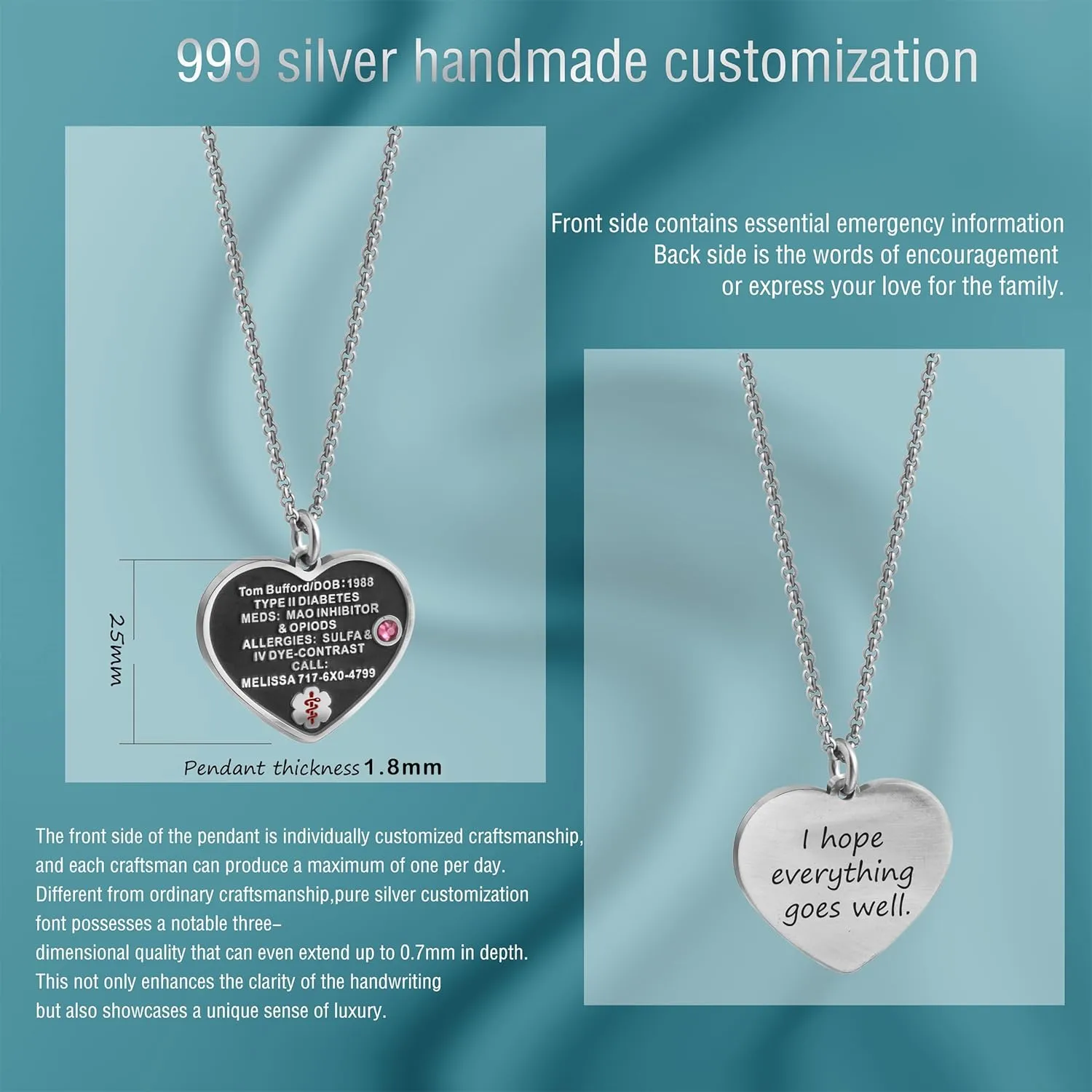 Custom Sterling Silver Medical Alert Necklace for Women Men, Free Engraving Personalized Emergency Medic Heart Pendant Dog Tag Epilepsy Diabetes Life Alert Jewelry