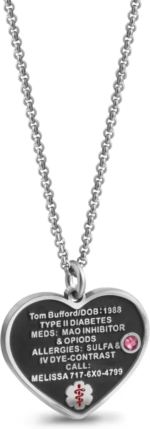 Custom Sterling Silver Medical Alert Necklace for Women Men, Free Engraving Personalized Emergency Medic Heart Pendant Dog Tag Epilepsy Diabetes Life Alert Jewelry