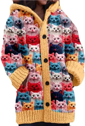 Cute Cat Pattern Knit Hooded Cardigan Cat Sweaters For Women Plus Size Cat Cardigan For Women Lover Gift