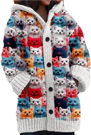 Cute Cat Pattern Knit Hooded Cardigan Cat Sweaters For Women Plus Size Cat Cardigan For Women Lover Gift