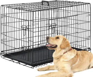 Dog Crate Dog Kennel Cage 42 Portable Foldable Indoor Outdoor Large Double Door Wire Metal Puppy Cat Pet Dog Cage with ABS Tray LC & Divider, Black