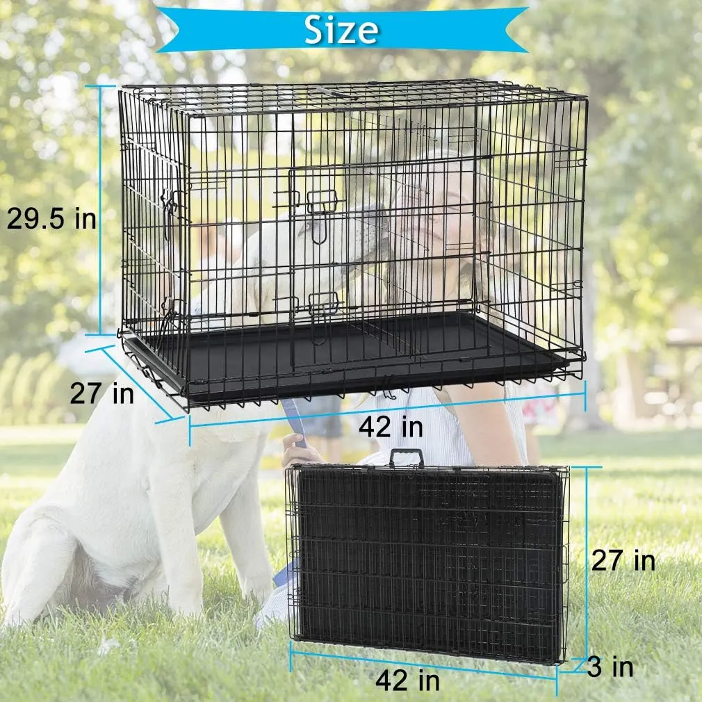 Dog Crate Dog Kennel Cage 42 Portable Foldable Indoor Outdoor Large Double Door Wire Metal Puppy Cat Pet Dog Cage with ABS Tray LC & Divider, Black