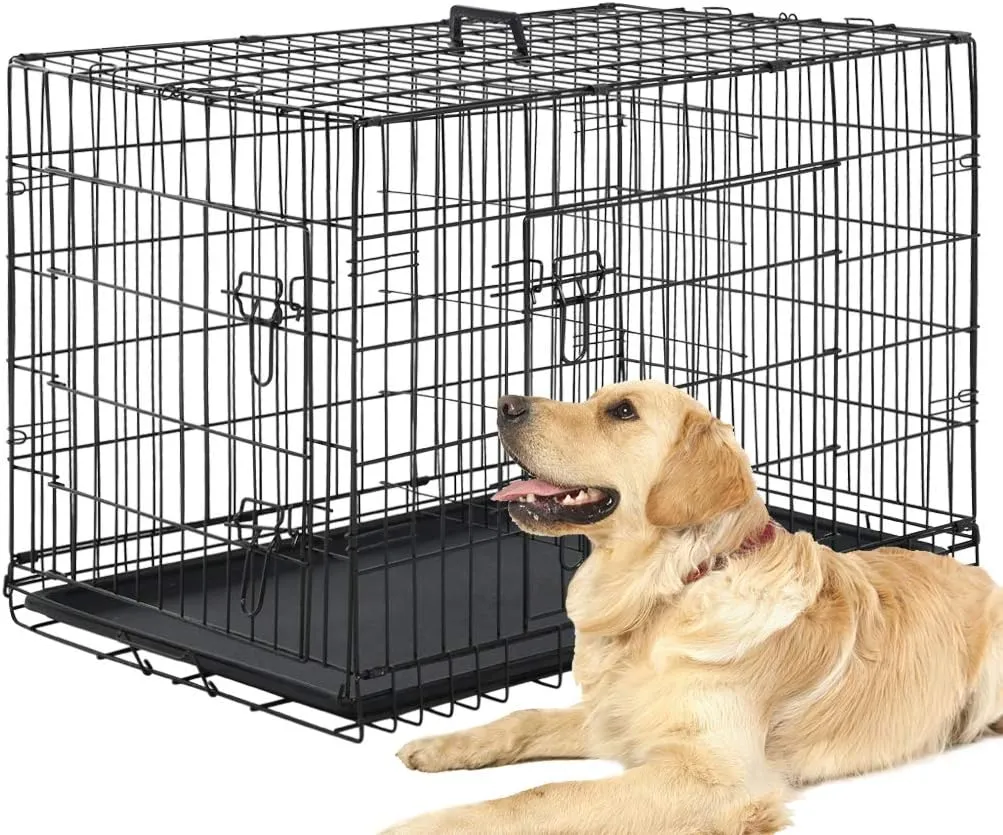 Dog Crate Dog Kennel Cage 42 Portable Foldable Indoor Outdoor Large Double Door Wire Metal Puppy Cat Pet Dog Cage with ABS Tray LC & Divider, Black