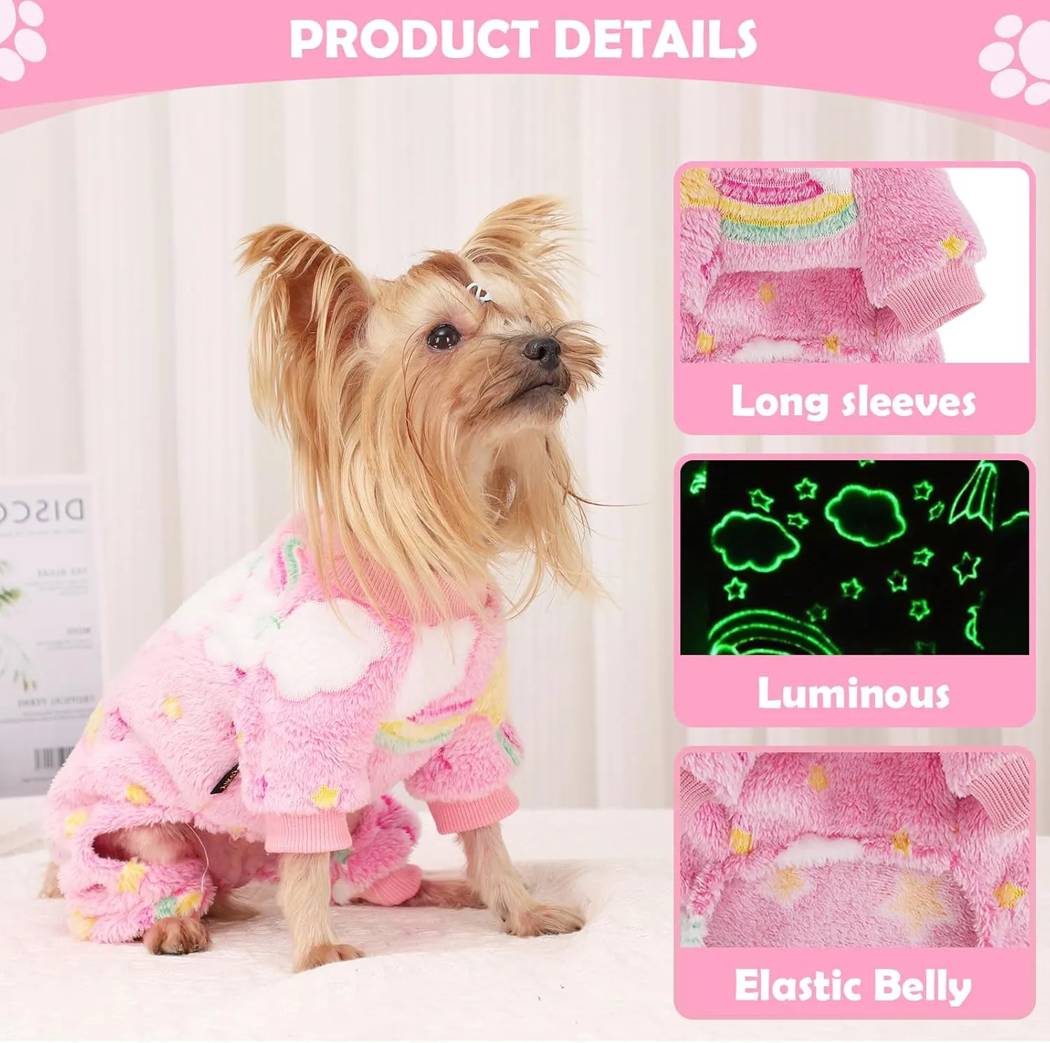 Dog Pajamas Pjs Warm Dog Jumpsuit 4 Legs PJS Hair Shedding Cover (Rainbow Pink, XX-Small)
