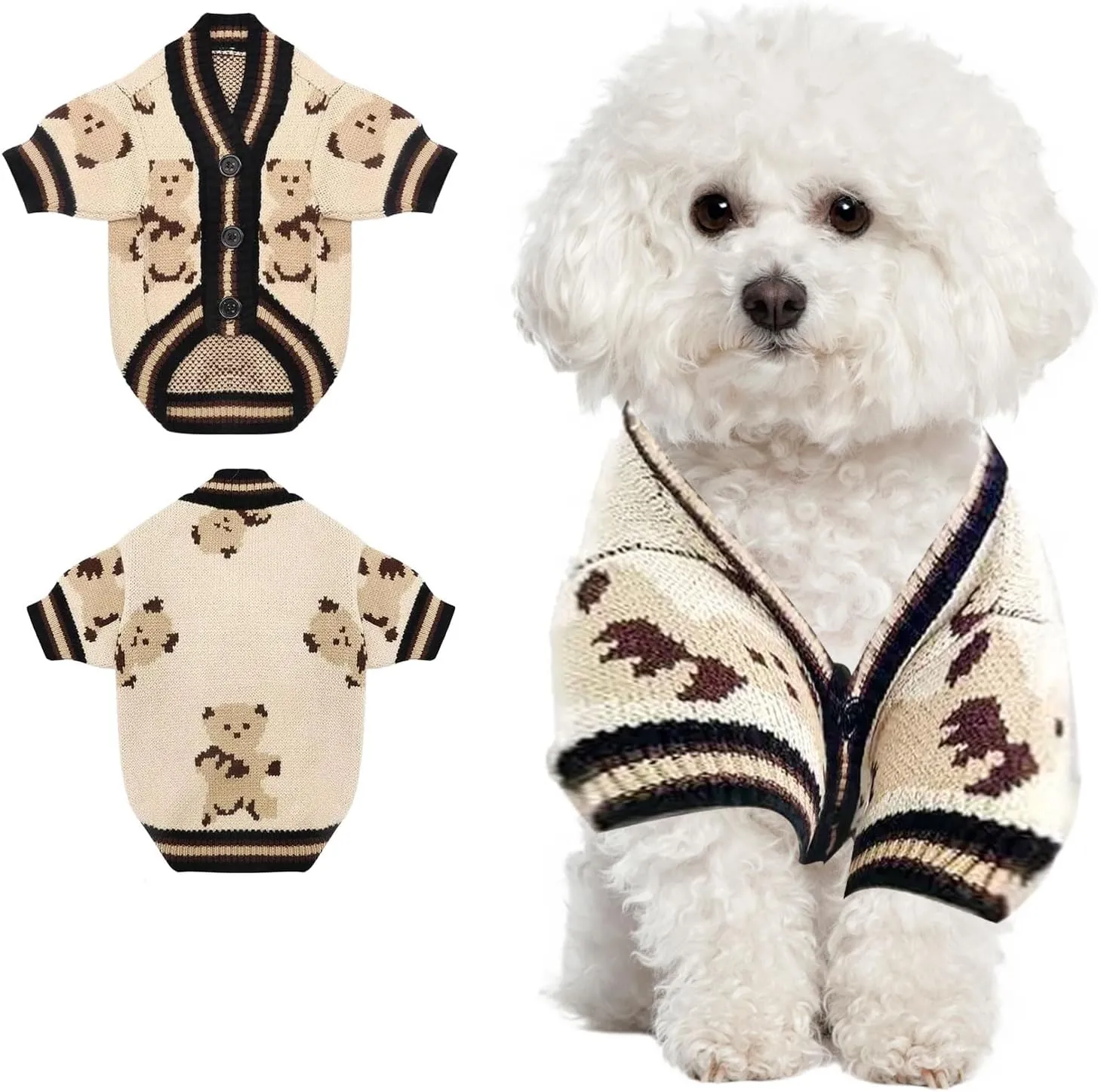 Dog Sweater Cute Bear Dog Cardigans Clothes for Small Medium Dogs Boy Girl Puppy Cat Knitted Clothes Soft Puppy Sweaters Knitting Dogs Outfit Apparel Coat(Beige,L)