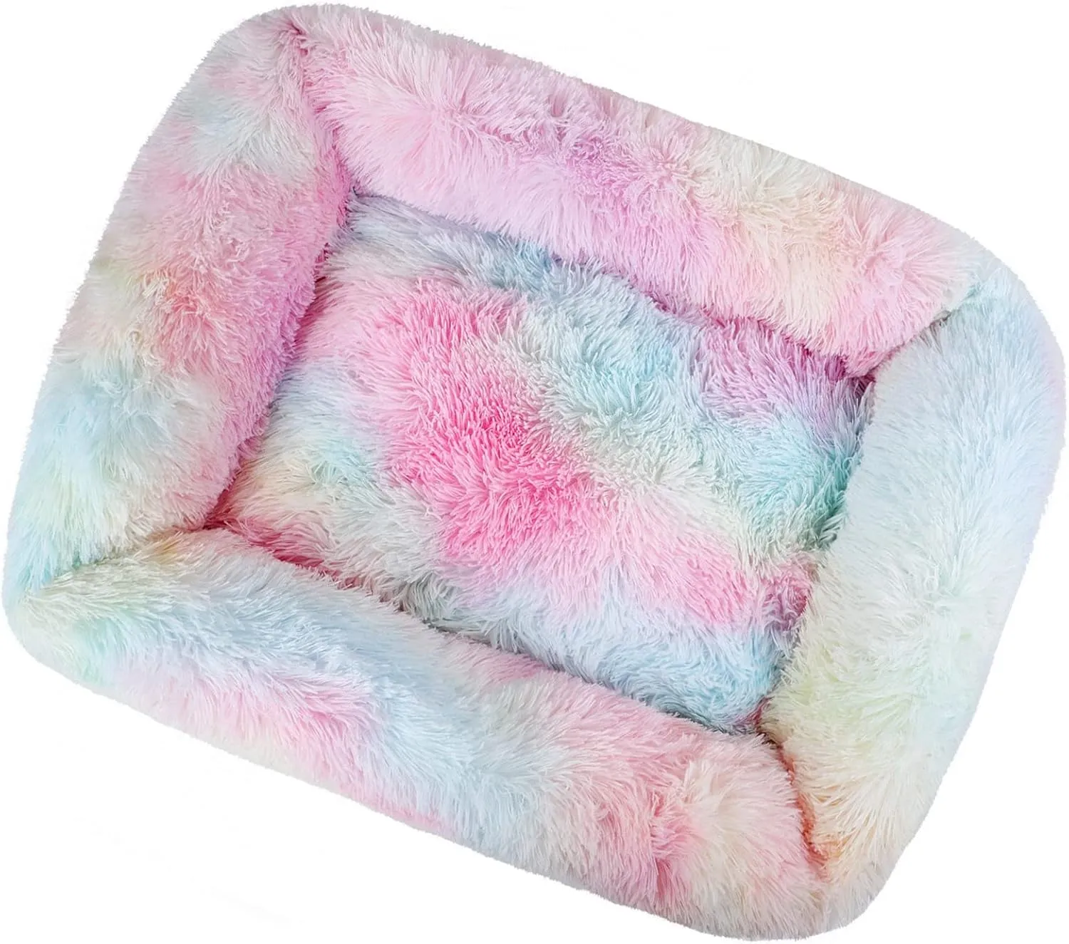 Fluffy Pet Dog Cat Calming Rainbow Bed Non-Slip Soft Plush Pet Sleeping Kennel Nest Extra Small, 16.9 x 13.8 x 7.9