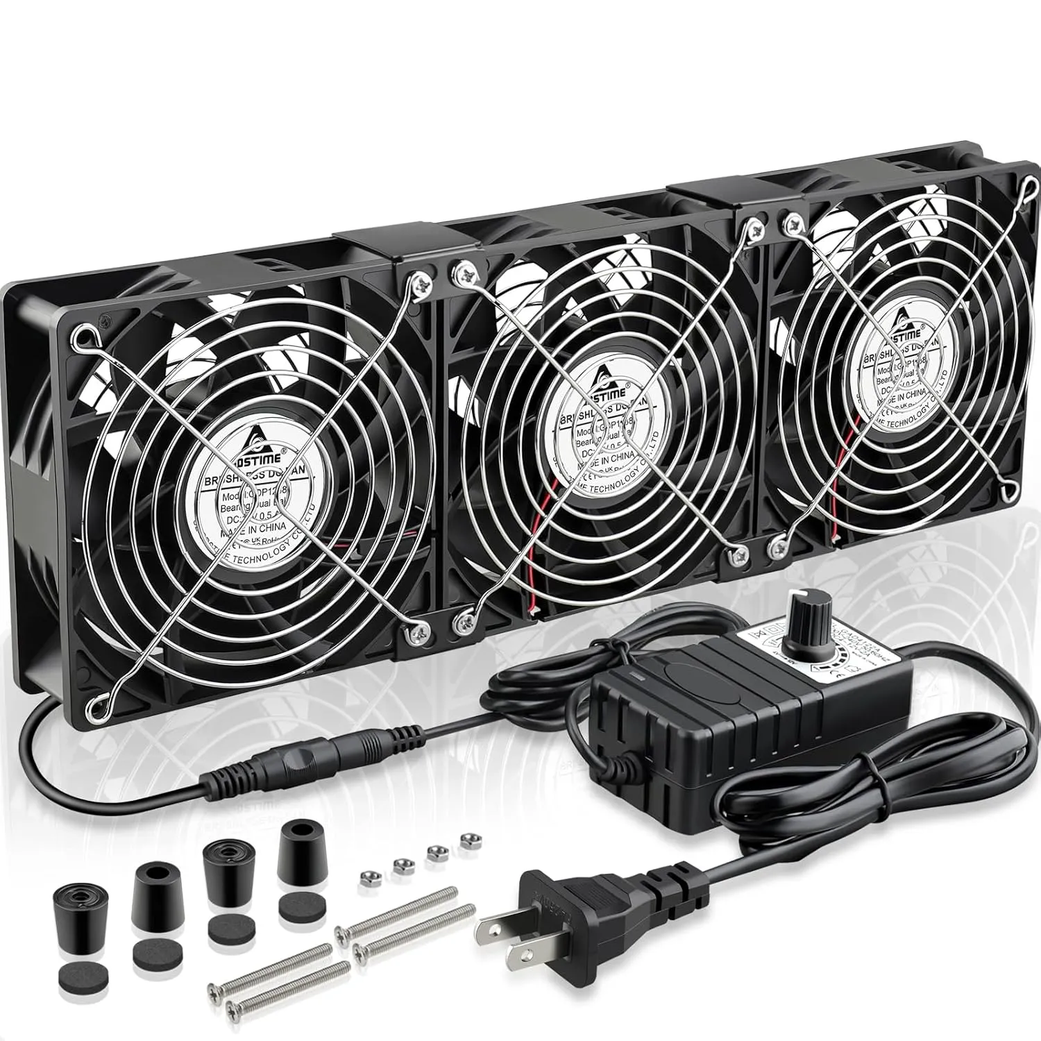 GDSTIME 3x 120mm Computer Fan with AC Plug,110V to 240V Variable Speed Controller High CFM 360mm Server Rack Fan for Window Exhaust Grow Tent Crawl Space Garage Ventilation Electronics Cabinet Cooling