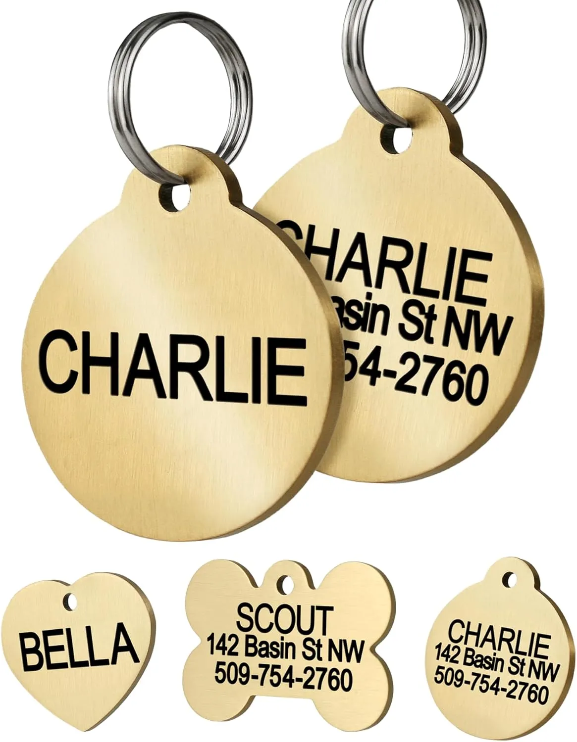GoTags Personalized Pet ID Tags, Solid Brass Dog Tags and Cat Tags, up to 6 Lines of Custom Text, Engraved on Both Sides, Bone, Round, and Heart Shapes