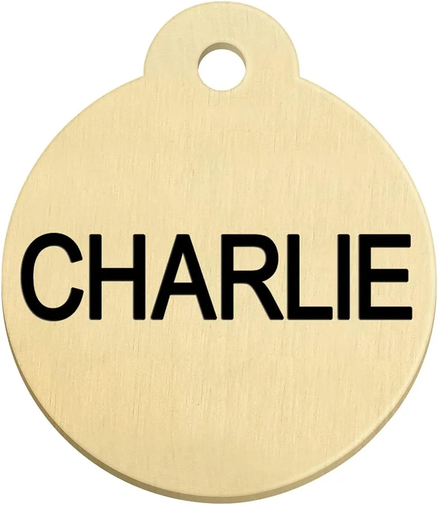GoTags Personalized Pet ID Tags, Solid Brass Dog Tags and Cat Tags, up to 6 Lines of Custom Text, Engraved on Both Sides, Bone, Round, and Heart Shapes
