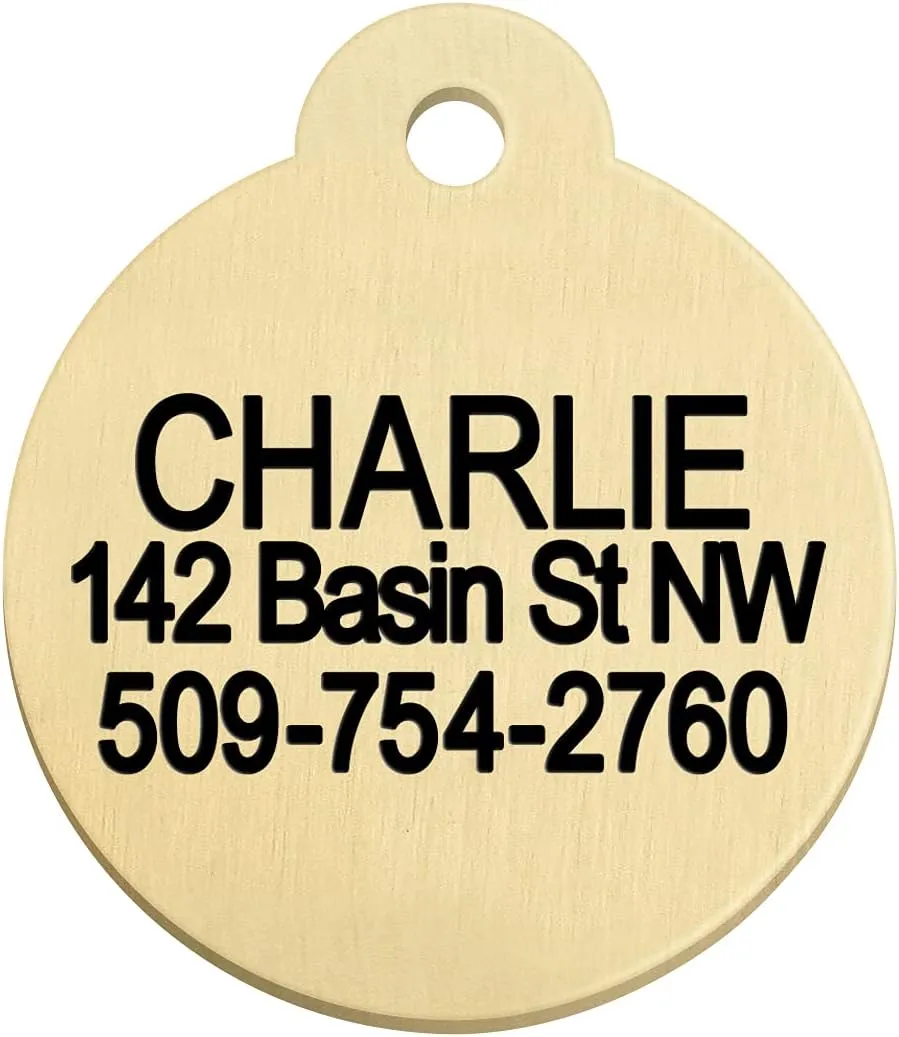 GoTags Personalized Pet ID Tags, Solid Brass Dog Tags and Cat Tags, up to 6 Lines of Custom Text, Engraved on Both Sides, Bone, Round, and Heart Shapes