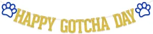 Happy Gotcha Day Banner Pet Adoption Party Decorations Lets Pawty Together Birthday Party Decor Dog Cat Gotcha Party Supplies Gold Blue Glitter