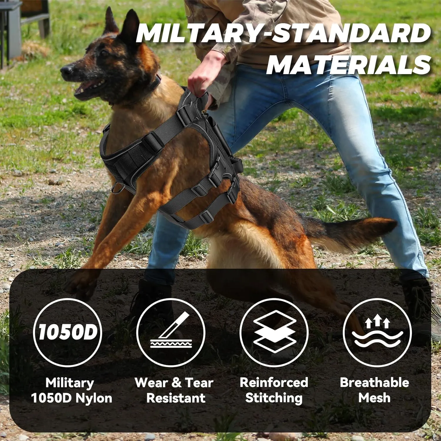 Heavy Duty No Pull Tactical Dog Harness for Large Dogs, 3Pcs Handle & Hook Metal Buckle, K9 Adjustable Reflective Military Dog Vest Harness for Working Dog Training Hunting Walking. (Black, M)