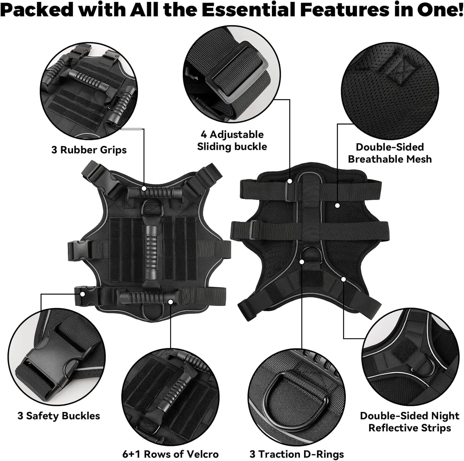 Heavy Duty No Pull Tactical Dog Harness for Large Dogs, 3Pcs Handle & Hook Metal Buckle, K9 Adjustable Reflective Military Dog Vest Harness for Working Dog Training Hunting Walking. (Black, M)