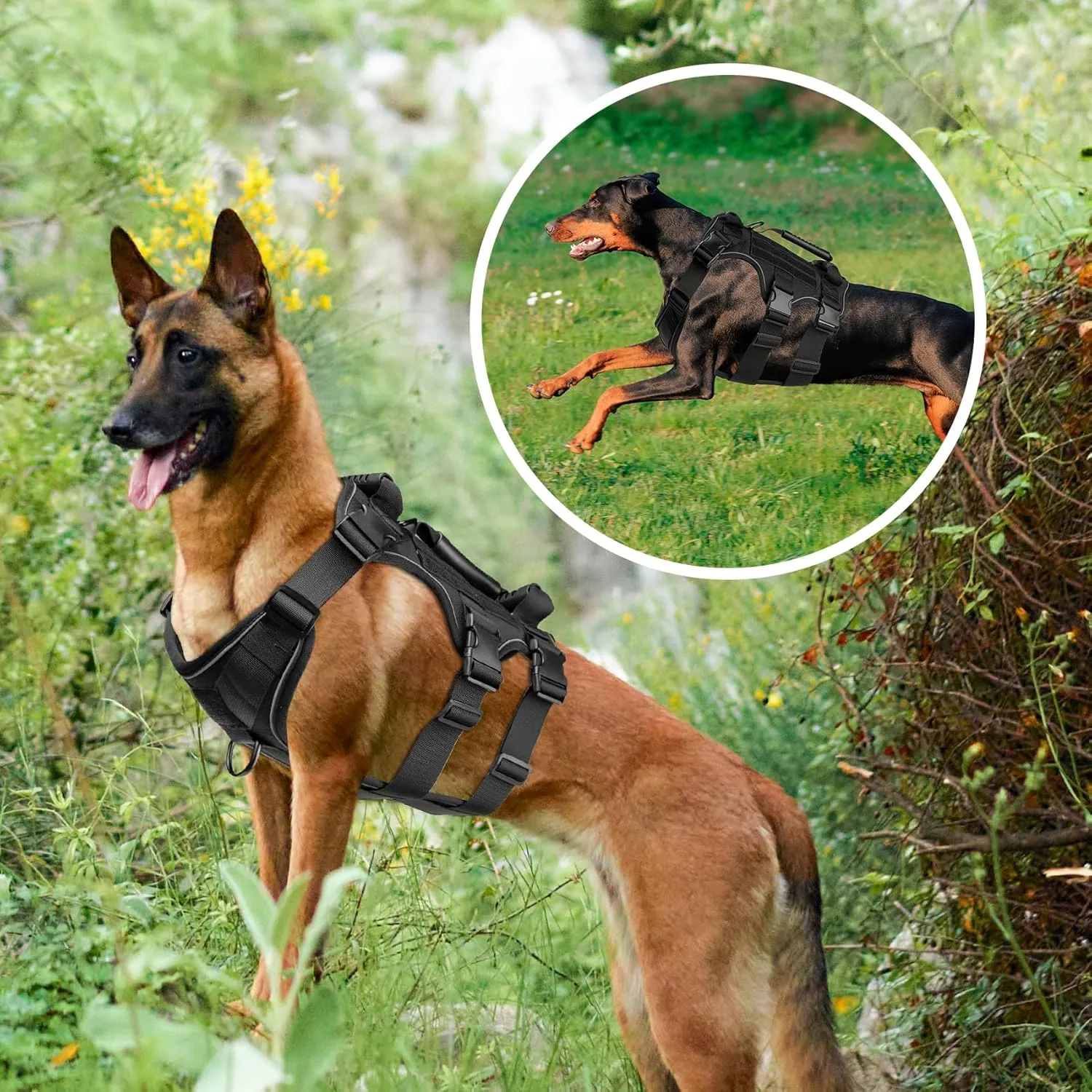 Heavy Duty No Pull Tactical Dog Harness for Large Dogs, 3Pcs Handle & Hook Metal Buckle, K9 Adjustable Reflective Military Dog Vest Harness for Working Dog Training Hunting Walking. (Black, M)
