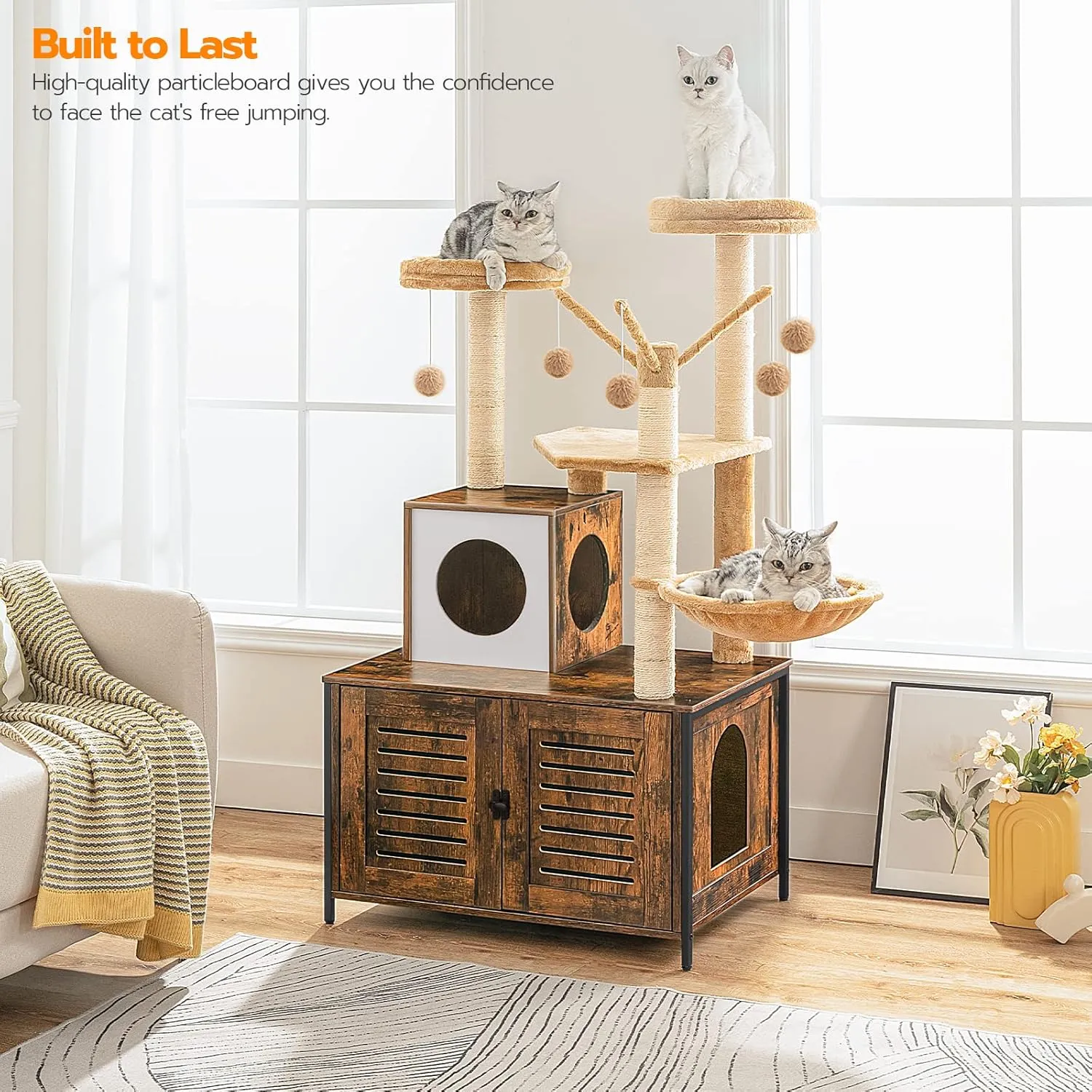 HOOBRO Cat Tree with Litter Box Enclosure, Scratching Posts, Litter Box Enclosure Furniture for Indoor Cats, All-in-One Wooden Cat Tower Condo House with Cat Hammock, Rustic Brown BF14MZ03
