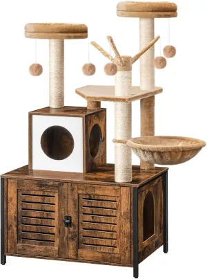 HOOBRO Cat Tree with Litter Box Enclosure, Scratching Posts, Litter Box Enclosure Furniture for Indoor Cats, All-in-One Wooden Cat Tower Condo House with Cat Hammock, Rustic Brown BF14MZ03