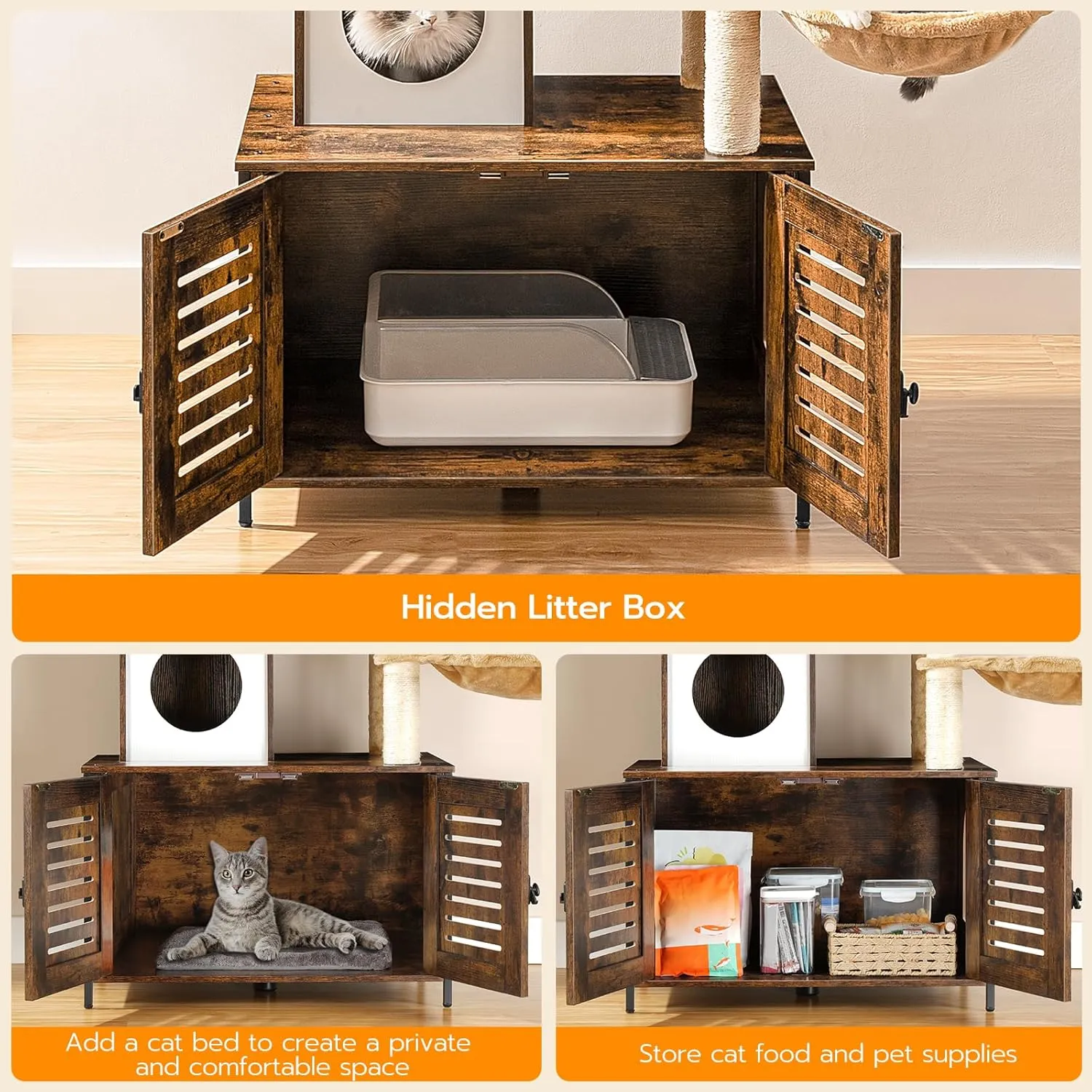 HOOBRO Cat Tree with Litter Box Enclosure, Scratching Posts, Litter Box Enclosure Furniture for Indoor Cats, All-in-One Wooden Cat Tower Condo House with Cat Hammock, Rustic Brown BF14MZ03