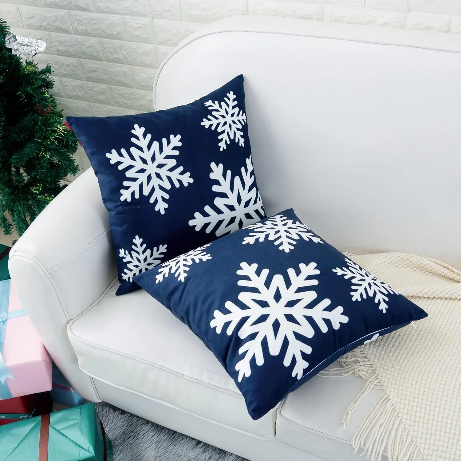 HWY 50 Navy Blue Decorative Throw Pillow Covers 20x20 Inch for Couch Sofa Living Room Bed, Soft Square Throw Pillows Cases Cushion Cover with Christmas Snowflakes Print Pack of 2