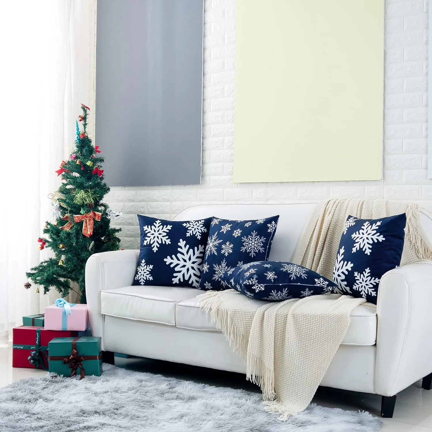 HWY 50 Navy Blue Decorative Throw Pillow Covers 20x20 Inch for Couch Sofa Living Room Bed, Soft Square Throw Pillows Cases Cushion Cover with Christmas Snowflakes Print Pack of 2