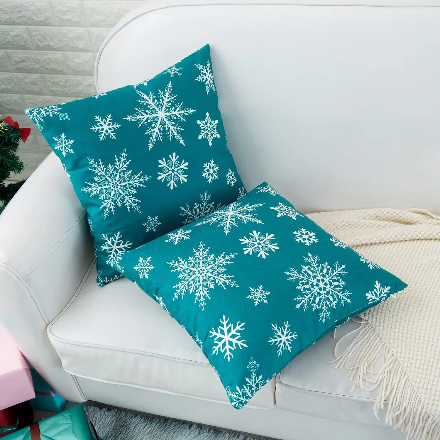 HWY 50 Teal Decorative Throw Pillow Covers 20x20 Inch for Couch Sofa Living Room Bed, Soft Christmas Big and Small Snowflakes Print Throw Pillows Cases Set Cushion Cover Pack of 2