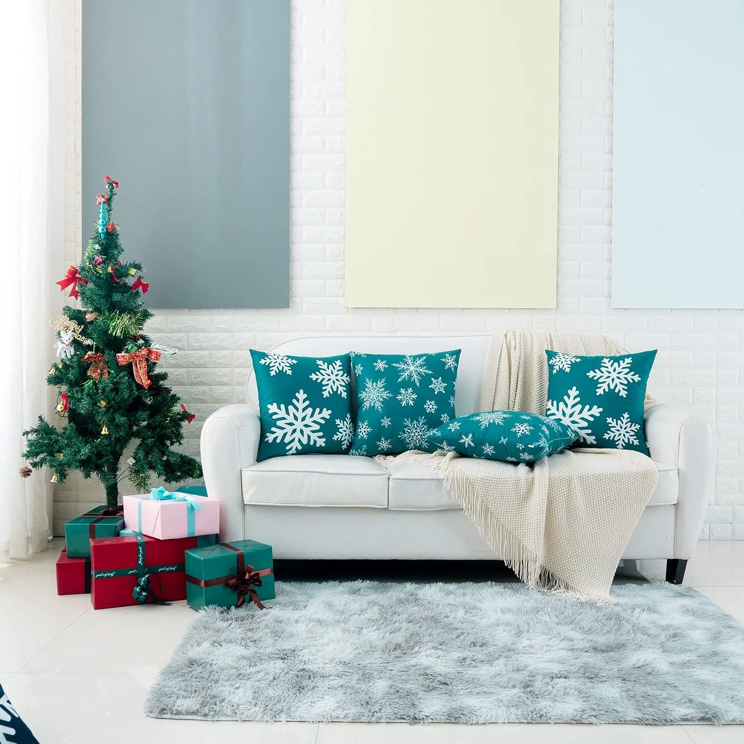 HWY 50 Teal Decorative Throw Pillow Covers 20x20 Inch for Couch Sofa Living Room Bed, Soft Christmas Big and Small Snowflakes Print Throw Pillows Cases Set Cushion Cover Pack of 2