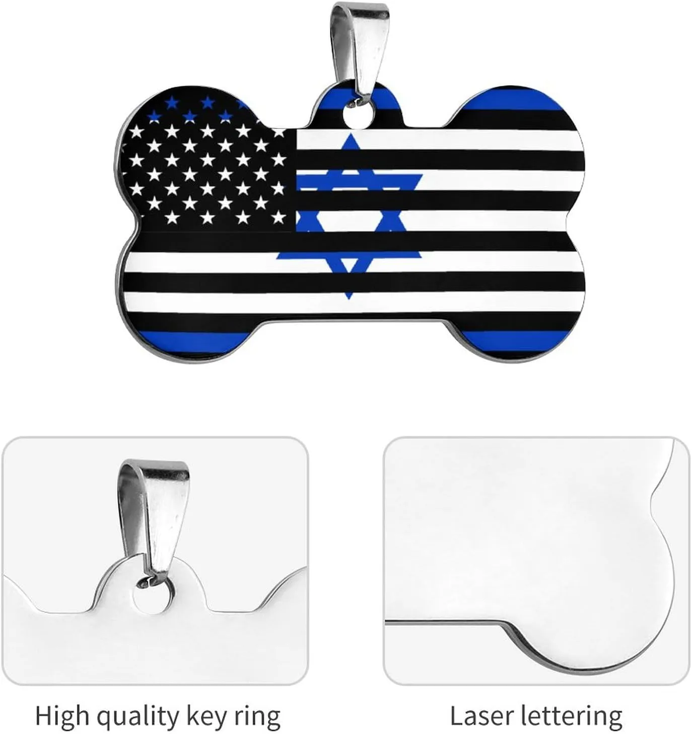 Israel American Flag Stainless Steel Pet ID Tags Personalized Dog and Cat Tags Cute Collar Tags Bone Shape