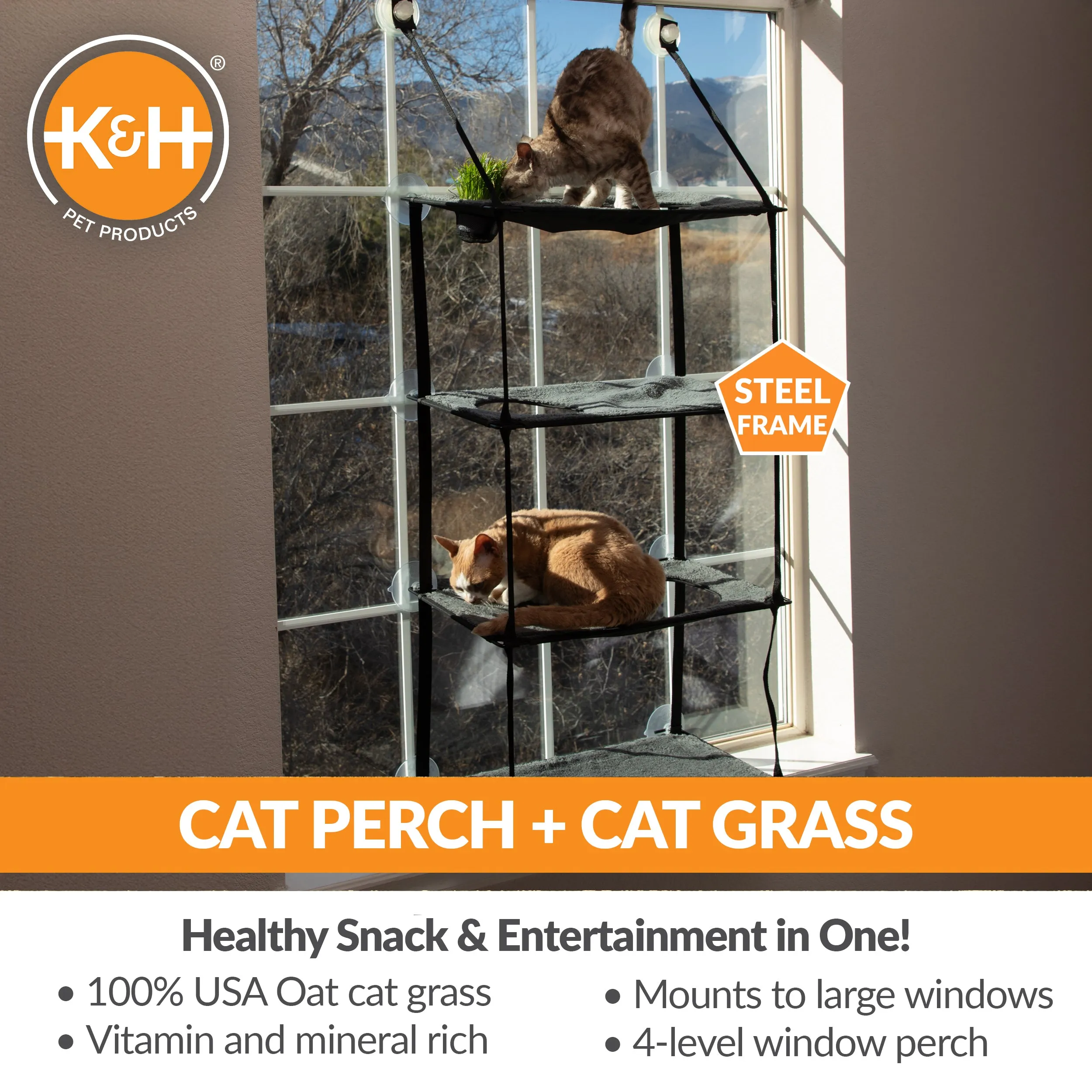 K&H EZ Mount Window Kitty Sill Cat Perch with Cat Grass Grow Station - Multi-Level