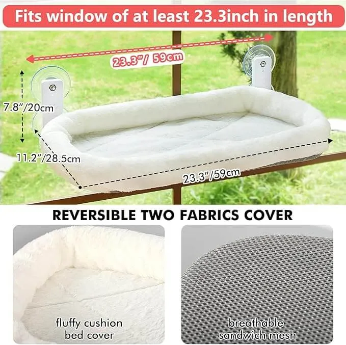 KUTKUT Cat Window Perch, Cat Hammock for Window Seat with Cozy Pad Bed Cover for Indoor Cats, Durable Metal Frame Support Cat Bed with 4 Suction Cups, Cat Beds For Indoor Cats