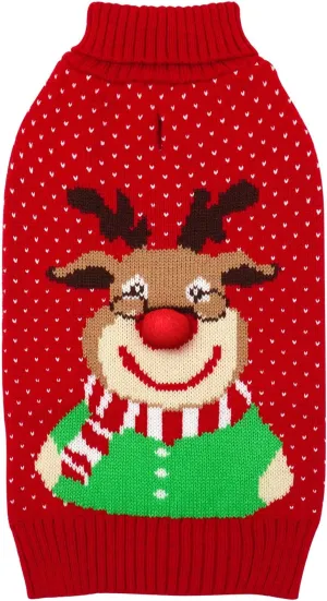 KYEESE Christmas Sweater With Leash Hole Reindeer Knitwear Turtleneck for Holiday Dog Outfit, Reindeer, XL