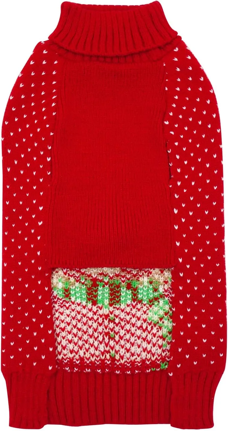 KYEESE Christmas Sweater With Leash Hole Reindeer Knitwear Turtleneck for Holiday Dog Outfit, Reindeer, XL