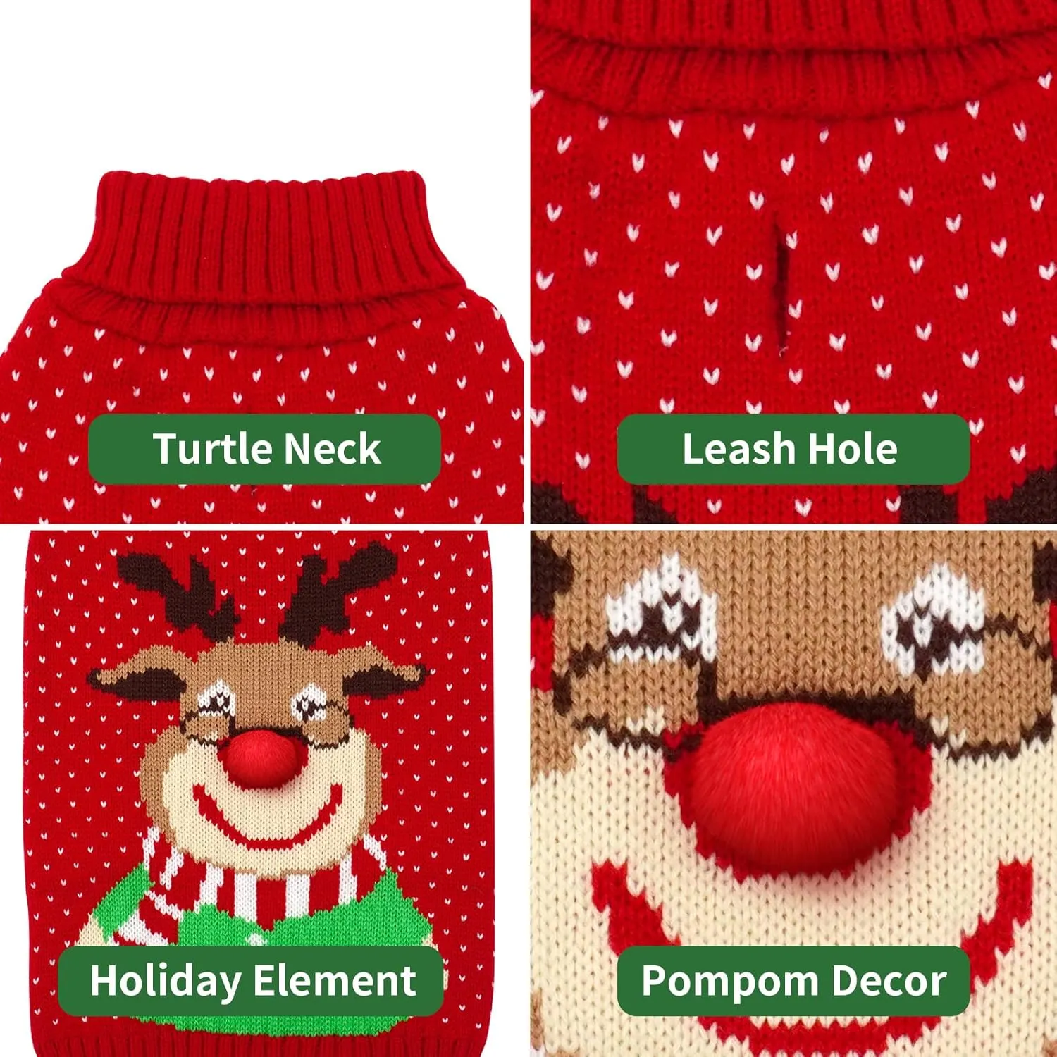 KYEESE Christmas Sweater With Leash Hole Reindeer Knitwear Turtleneck for Holiday Dog Outfit, Reindeer, XL