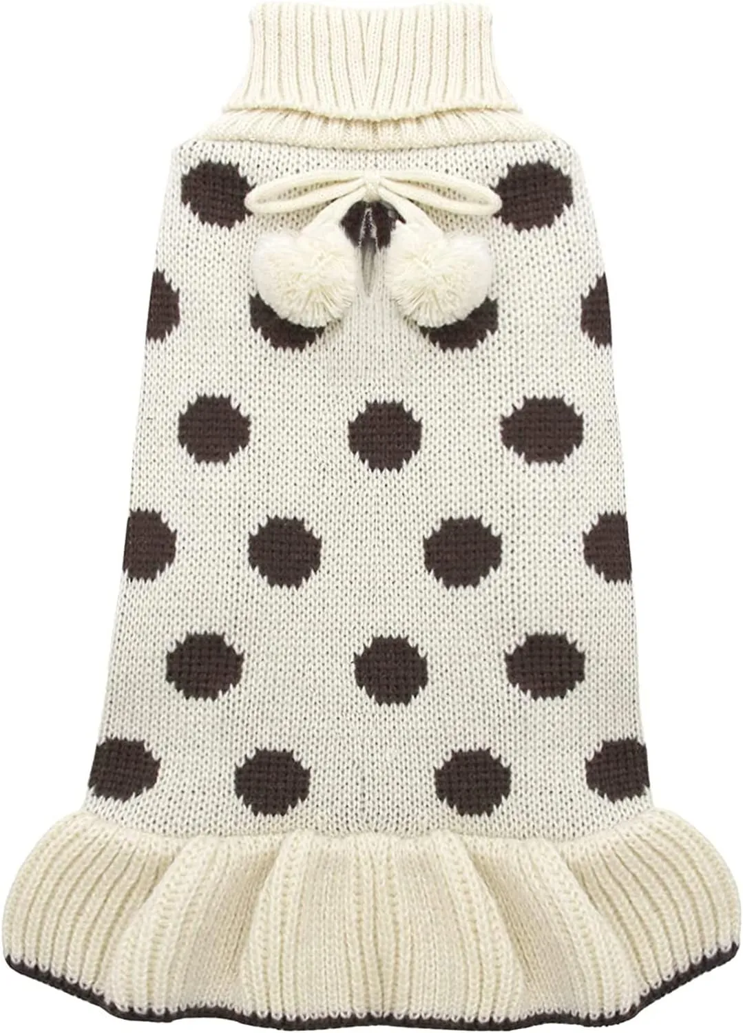 KYEESE Dog Sweaters with Leash Hole Small Turtleneck Dogs Sweater Dress Beige Polka Dot Knit Warm for Girl Dog Clothes with Pom Pom Ball