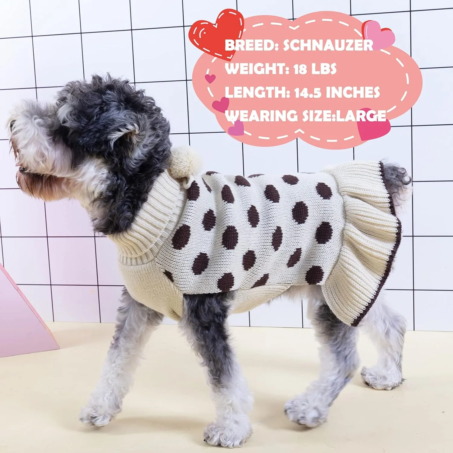 KYEESE Dog Sweaters with Leash Hole Small Turtleneck Dogs Sweater Dress Beige Polka Dot Knit Warm for Girl Dog Clothes with Pom Pom Ball