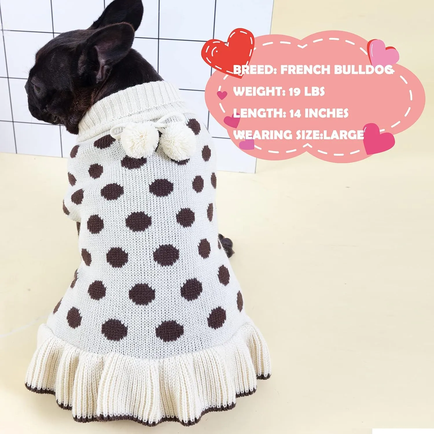 KYEESE Dog Sweaters with Leash Hole Small Turtleneck Dogs Sweater Dress Beige Polka Dot Knit Warm for Girl Dog Clothes with Pom Pom Ball