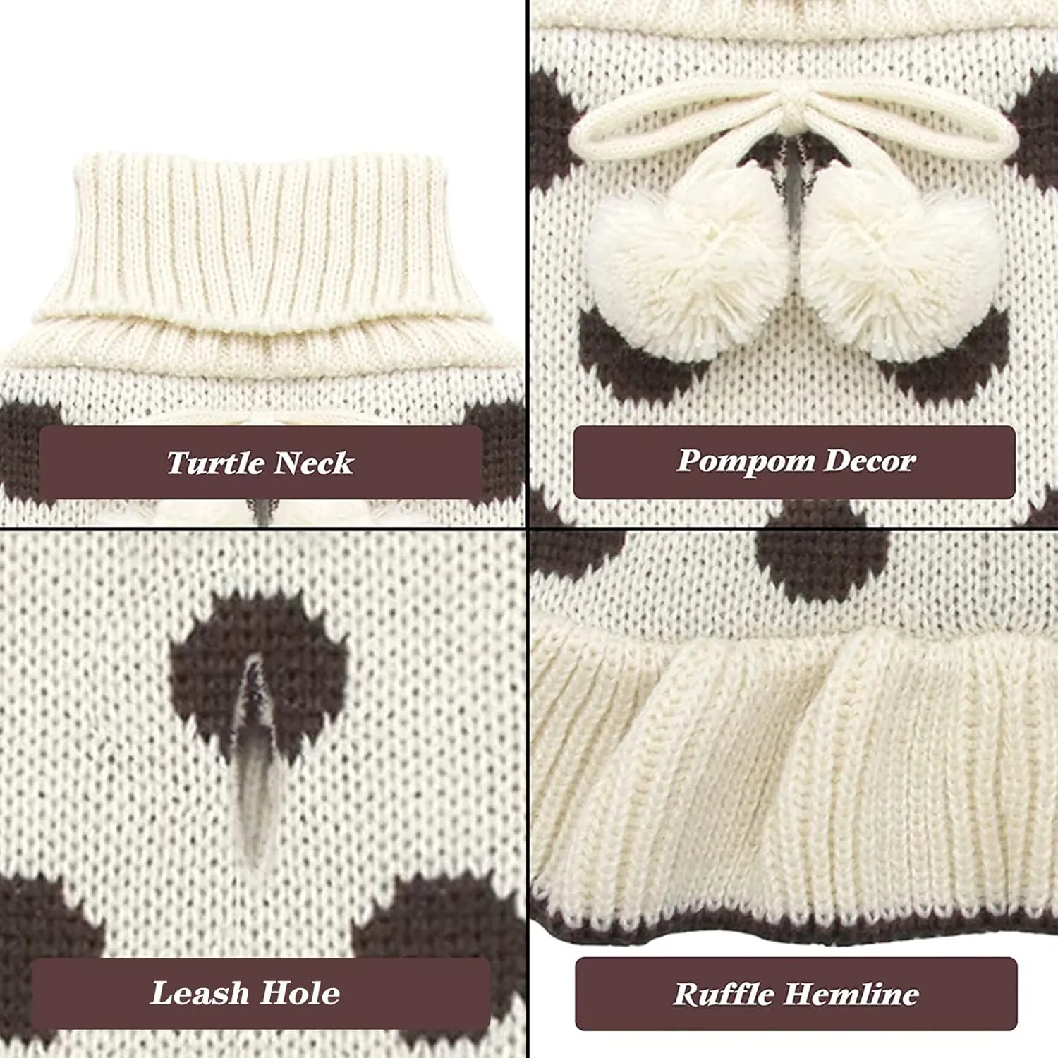 KYEESE Dog Sweaters with Leash Hole Small Turtleneck Dogs Sweater Dress Beige Polka Dot Knit Warm for Girl Dog Clothes with Pom Pom Ball