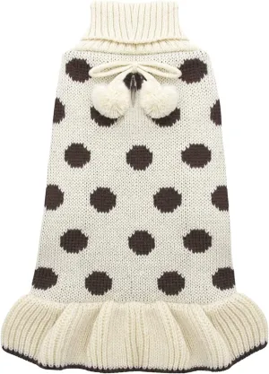 KYEESE Dog Sweaters with Leash Hole Small Turtleneck Dogs Sweater Dress Beige Polka Dot Knit Warm for Girl Dog Clothes with Pom Pom Ball